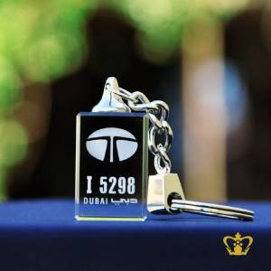 2D-laser-crystal-cube-key-chain-with-TATA-logo-with-Dubai-number-plate-personalized-gift-for-friends-family