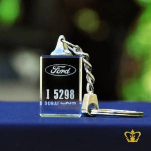 Crystal-cube-key-chain-2D-laser-engraved-with-ford-logo-with-Dubai-number-plate-personalized-gift-for-friends-family