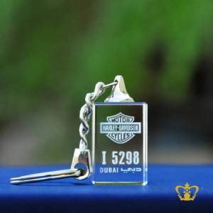 Crystal-cube-key-chain-2D-laser-engraved-with-Harley-Davidson-logo-with-Dubai-number-plate-personalized-gift-for-friends-family