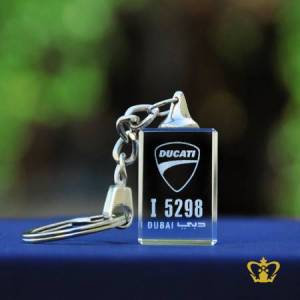 Crystal-cube-key-chain-2D-laser-engraved-with-DUCATI-logo-with-Dubai-number-plate-personalized-gift-for-friends-family