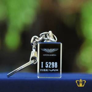 Crystal-cube-key-chain-2D-laser-engraved-with-Aston-Martin-logo-with-Dubai-number-plate-personalized-gift-for-friends-family