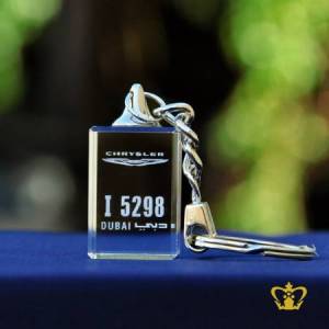 Crystal-cube-key-chain-2D-laser-engraved-with-Chrysler-logo-with-Dubai-number-plate-personalized-gift-for-friends-family