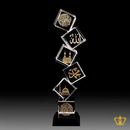 Islamic-Crystal-Cube-stack-Arabic-Golden-word-Calligraphy-Bismillah-Ir-Rahman-Ir-Rahim-Allah-The-Holy-Kaaba-Muhammed-Rasul-Allah-Al-Masjid-an-Nabawi-La-Ilaha-Illa-Allah-Muhammed-Rasul-Allah-Engraved-Islamic-Occasions-Gift-Ramadan-Eid-Souvenir-with-Black-Base-