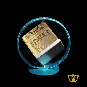 Rotating-Stand-Blue-Metal-Religious-Islamic-Crystal-Cube-Arabic-Word-Calligraphy-Allah-Engraved-Golden-Color-Souvenir-Eid-Ramadan-Occasions-Gift