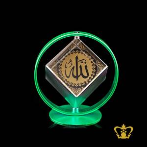 Eid-Ramadan-Occasions-Gift-Arabic-Word-Calligraphy-Allah-Engraved-Souvenir-Golden-Color-Religious-Islamic-Crystal-Cube-with-Green-Metal-Rotating-Stand