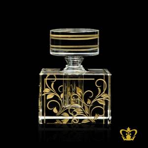 Splendid-square-crystal-perfume-bottle-with-floral-golden-handcrafted-designer-pattern-and-a-silver-collar-a-lovely-marvelous-gift-souvenir