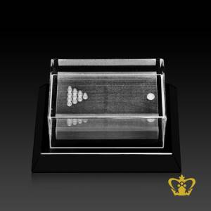 Personalized-Crystal-Cube-Lasered-with-Billiards-stands-on-Black-Crystal-Base-Customized-Text-Engraving-Logo-Base-Box