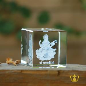 Saraswati-Goddess-3D-Laser-Engraved-Crystal-Cube-Indian-Festival-Hindu-God-Religious-Holy-Gift-Customized-Personalized-Logo-Text-