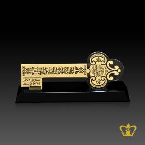 -Key-Cutout-Crystal-with-Black-Base-Golden-Arabic-word-Calligraphy-Engraved-La-ilahailla-Allah-Muhammed-rasul-Allah-Islamic-Religious-Occasions-Gift-Eid-Ramadan-Souvenir-Customized-Logo-Text-