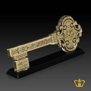 Key-cutout-crystal-with-black-base-golden-Arabic-word-calligraphy-engraved-la-illah-ila-Allah-Muhammad-Rasul-Allah-Islamic-religious-occasions-gift-Eid-Ramadan