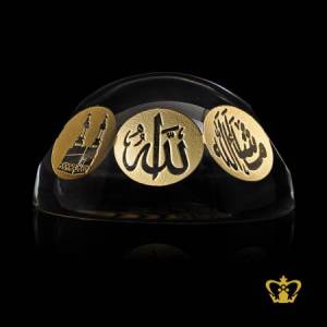 Crystal-paper-weight-engraved-golden-Arabic-word-calligraphy-Allah-Holy-Kaaba-Bismillah-Ir-Rahman-Ir-Rahim-Muhammed-Rasul-Allah-Islamic-religious-occasion-souvenir-Ramadan-Eid-gift