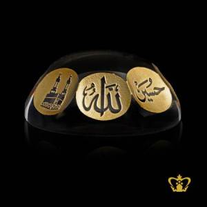 Crystal-paper-weight-engraved-golden-Arabic-word-calligraphy-Allah-Holy-Kaaba-Bismillah-Ir-Rahman-Ir-Rahim-Muhammed-Rasul-Allah-Islamic-religious-occasion-souvenir-Ramadan-Eid-gift