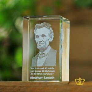 Crystal-rectangular-cube-3D-laser-engraved-Abraham-Lincoln-with-his-most-popular-quotes-etched