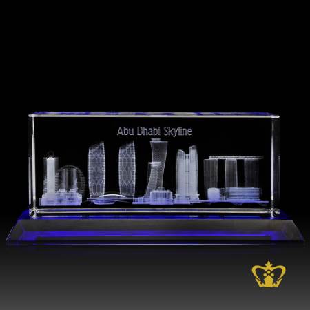 Skyline-of-Abu-Dhabi-famous-landmark-3D-engraving-crystal-cube-with-blue-base-gift-tourist-souvenir