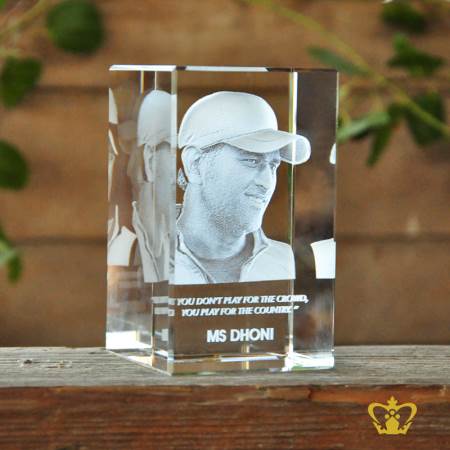 3D-laser-engraved-crystal-rectangular-cube-famous-Indian-cricketer-Mahendra-Singh-Dhoni-with-his-most-popular-quotes-etched