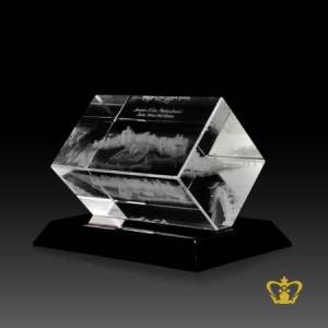 Tilted-crystal-cube-with-black-base-3D-Laser-engraved-Souq-Madinat-Jumeirah-famous-landmark-of-Dubai-tourist-souvenir-gift-memento