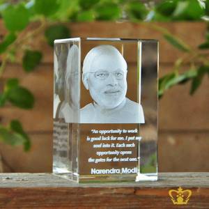 Crystal-rectangular-cube-3D-laser-engraved-Narendra-Modi-with-his-most-popular-quotes-etched