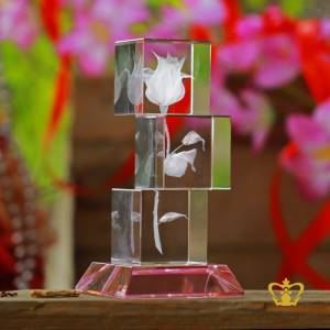 Rose-flower-crystal-etched-engraved-3-tier-crystal-cube-with-colored-crystal-base-Customized-Personalized-Valentines-Day-Gift-Wedding-Special-Occasions-Birthday-2D-3D-Ready-Made
