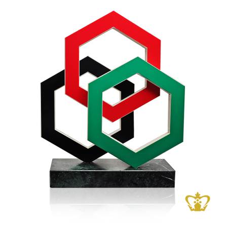 Personalized-marble-hexagon-art-trophy-green-red-and-black-color-with-marble-base-customized-logo-text