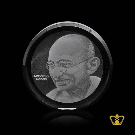 Round-Crystal-Paper-Weight-laser-engraving-Mahatma-Gandhi