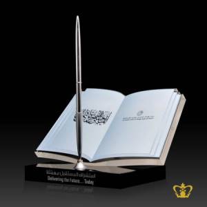 Personalize-Crystal-Cutout-Trophy-Theme-Book-stands-on-Black-Base-Customize-Text-Engraving-Logo-Base-UAE-Famous-Gifts