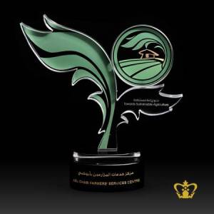 Personalized-Crystal-Cutout-Trophy-with-Theme-Leaf-Green-stands-on-Base-Customize-Text-Engraving-Logo-Base-UAE-Famous-Gifts
