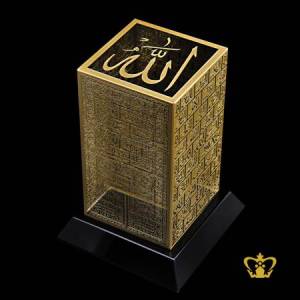 Crystal-Cube-Holy-Kaaba-Door-Kiswah-Cover-Engraved-Arabic-Golden-word-Calligraphy-Asma-Al-Hasna-Allah-with-Black-Base-Islamic-Occasion-Gift-Eid-Ramadan-Souvenir