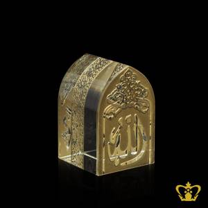 Islamic-Occasions-Souvenir-Mehrab-Shape-Crystal-With-Islamic-Arabic-Word-Calligraphy-Allah-Muhammed-Rasul-Allah-Golden-Color-Eid-Ramadan-Gift