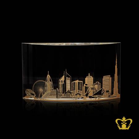 Skyline-of-Dubai-famous-landmark-gold-engraving-in-crystal-crescent-block-gift-tourist-souvenir