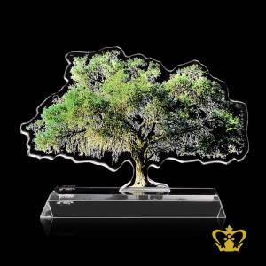 Artistry-crystal-cutout-of-a-tree-stands-on-a-clear-crystal-base-customized-text-engraving-logo