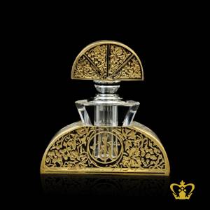 Elegant-crystal-refillable-perfume-bottle-handcrafted-allured-with-design-pattern-with-golden-Arabic-word-calligraphy-Allah-and-Muhammad-Rasulullah-engraved-exquisite-Ramadan-Eid-gift