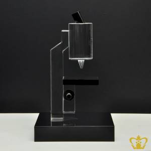 Personalized-crystal-replica-of-a-microscope-with-black-base-customize-text-engraving-logo