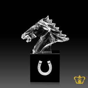 Personalized-crystal-horse-head-replica-with-black-base-customized-text-engraving-logo
