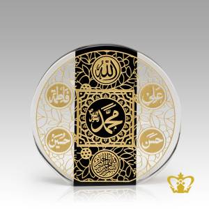 Black-and-clear-crystal-round-paper-weight-Arabic-word-calligraphy-engraved-Panjtan-Ahl-Al-kisa-Islamic-occasions-religious-gift-ramadan-souvenir