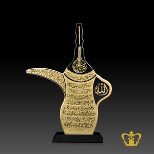 Traditional-dallah-coffee-pot-crystal-cutout-with-black-base-Arabic-word-calligraphy-engraved-Ayat-Al-Kursi-Allah-Bismillah-Islamic-religious-Eid-Ramadan-gift-souvenir