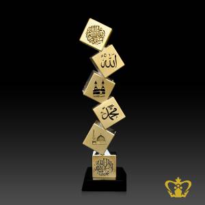 Islamic-Crystal-Cube-stack-Arabic-Golden-word-Calligraphy-Bismillah-Ir-Rahman-Ir-Rahim-Allah-The-Holy-Kaaba-Muhammed-Rasul-Allah-Al-Masjid-an-Nabawi-La-Ilaha-Illa-Allah-Muhammed-Rasul-Allah-Engraved-Islamic-Occasions-Gift-Ramadan-Eid-Souvenir-with-Black-Base