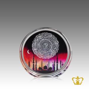 Islamic-occasions-gift-crystal-round-paper-weight-color-picture-printed-mosque-and-Surah-Nushra-religious-Eid-Ramadan-souvenir