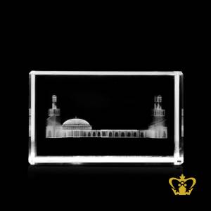 Crystal-cube-engrave-with-Sheik-khalifa-mosque-in-3D-laser-customize-text-and-logo