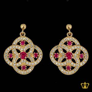 Shimmering-golden-earring-inlaid-with-pink-lustrous-crystal-diamond-lovely-gift-her