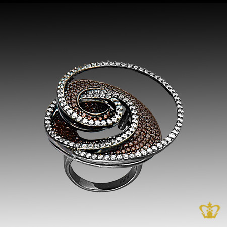 Brown-designer-silver-spiral-ring-inlaid-with-crystal-diamonds-elegant-gift-for-her