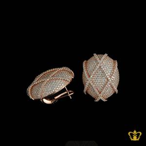 Stylish-rose-gold-color-designer-earring-with-cross-pattern-inlaid-with-exclusive-crystal-diamond-modish-gift-for-her