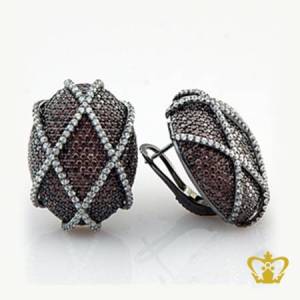 Lovely-luxurious-sterling-silver-earring-with-designer-cross-pattern-embellished-with-brown-and-clear-crystal-diamonds-beautiful-gift-for-her