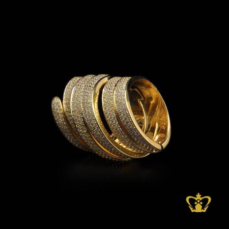 Golden-opulent-luxurious-designer-spiral-ring-beautifully-inlaid-with-crystal-diamonds-lovely-gift-for-her