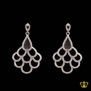 Drop-flower-earring-embellished-with-sparkling-black-and-clear-crystal-diamond