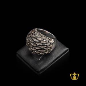 Classy-stylish-embellished-ring-with-black-and-clear-crystal-diamonds-leaf-pattern-sterling-silver-opulent-gift-for-her