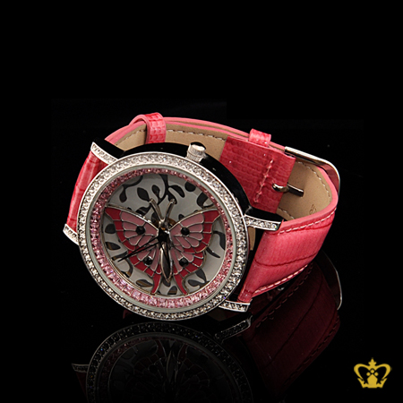 Butterfly-rotating-watch-pink-leather-belt-embellish-with-crystal-diamond