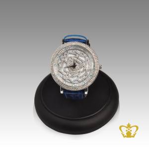Flower-rotating-watch-blue-leather-belt-embellish-with-crystal-diamond-gift-for-her
