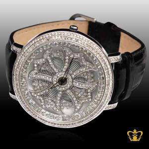 Flower-rotating-watch-black-leather-belt-embellish-with-crystal-diamond