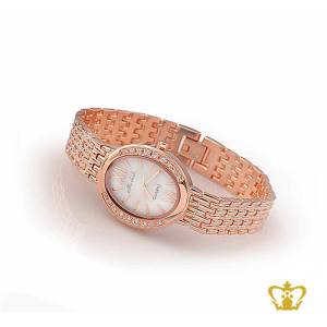 Beautiful-oval-shape-rose-gold-woman-watch-embellish-with-crystal-diamond