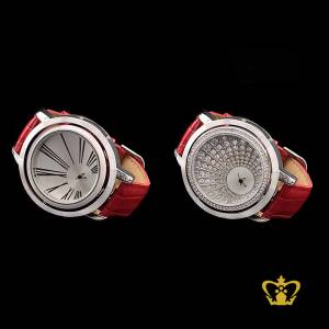 Double-face-watch-red-leather-belt-embellish-with-crystal-diamond-gift-for-her